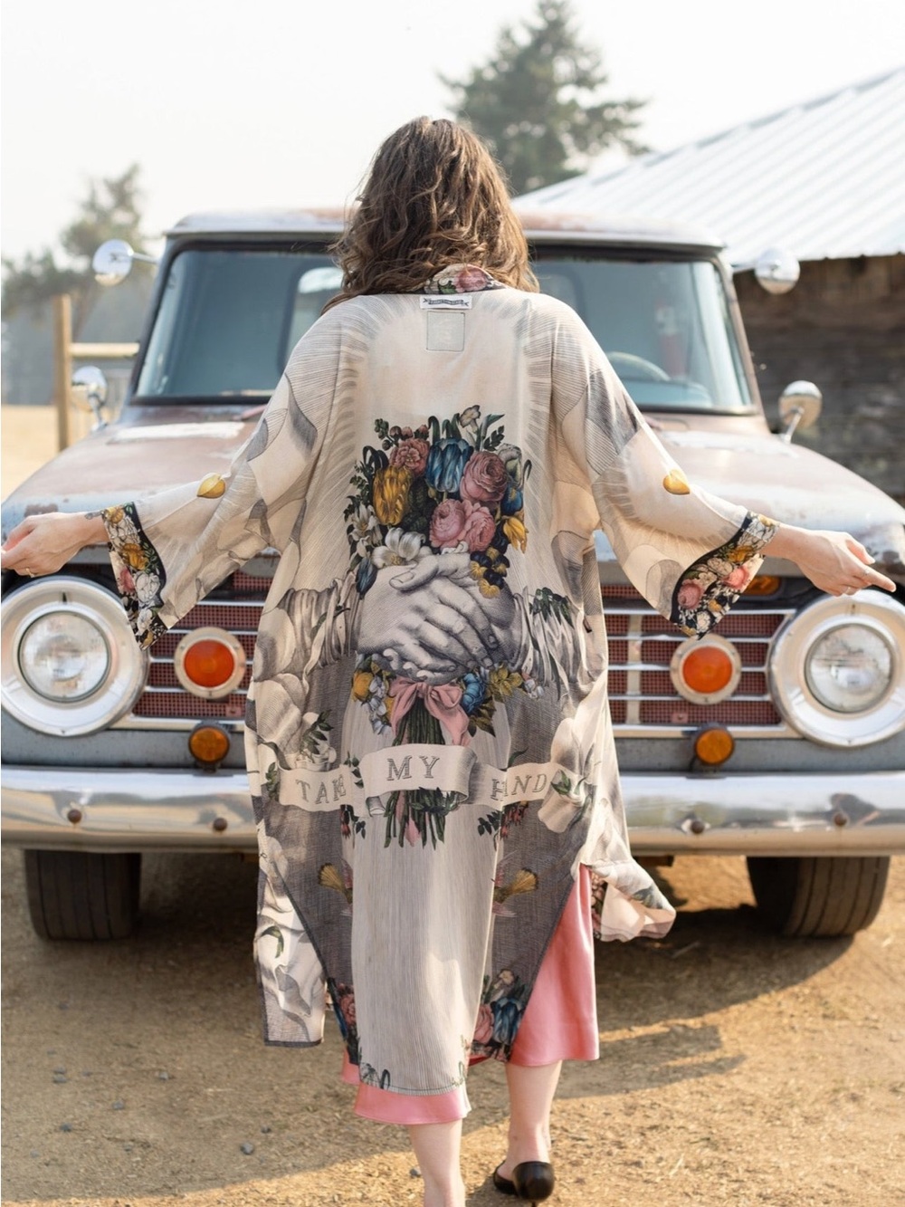 Boho Floral Handprint Long Kimono Tunic - Pink & Cream